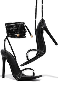 Diamante Embellished Lace Up Square Toe High Heels - Black
