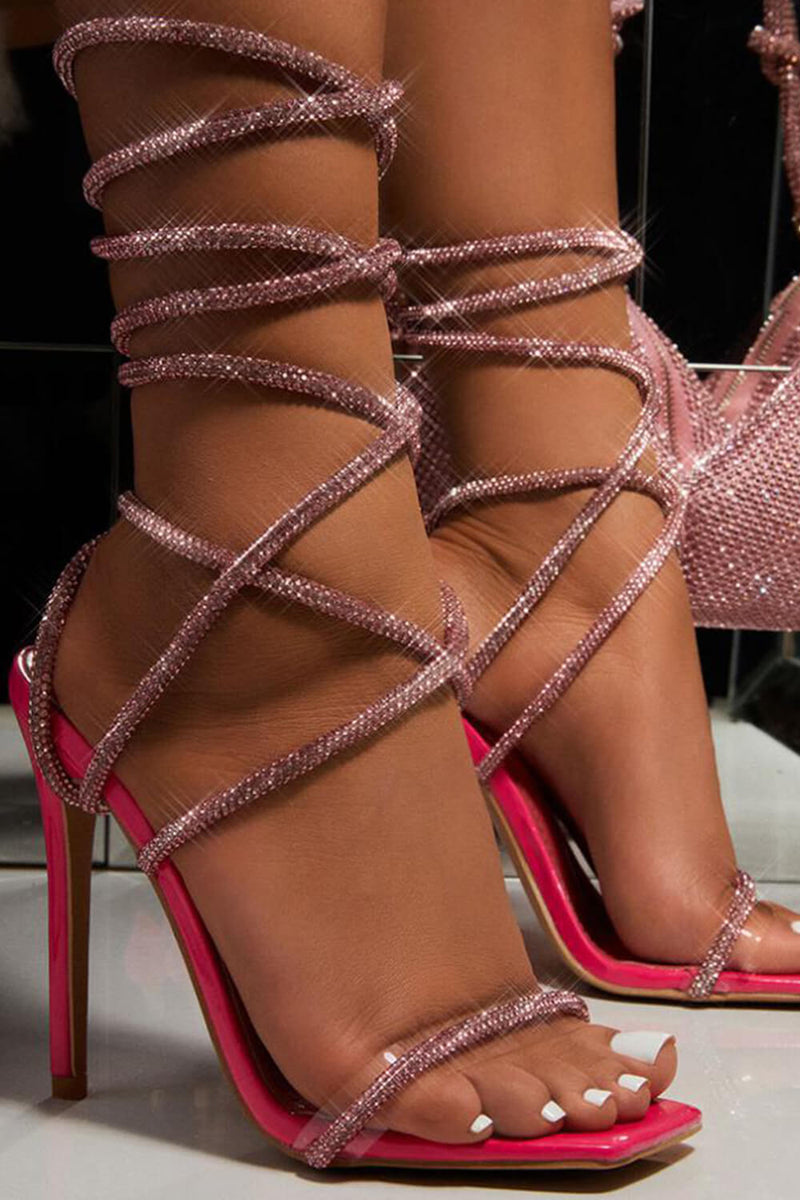 Diamante Embellished Lace Up Square Toe High Heels - Pink