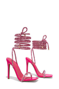 Diamante Embellished Lace Up Square Toe High Heels - Pink