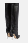 Leather Pointed Toe Ruched Knee-High Boots - Black