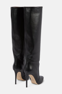 Leather Pointed Toe Ruched Knee-High Boots - Black