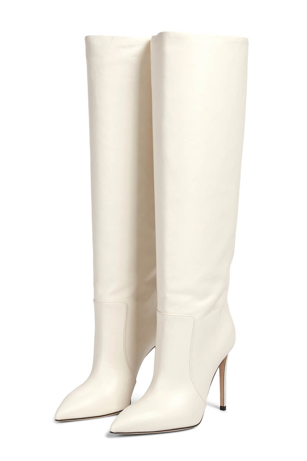Leather Pointed Toe Ruched Knee-High Boots - White