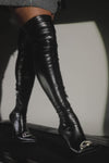 Diamante Embellished Faux Leather Point Toe Stiletto Thigh High Boots
