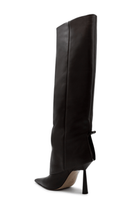 Faux Leather Folded Over Heeled Knee High Long Boots - Chocolate