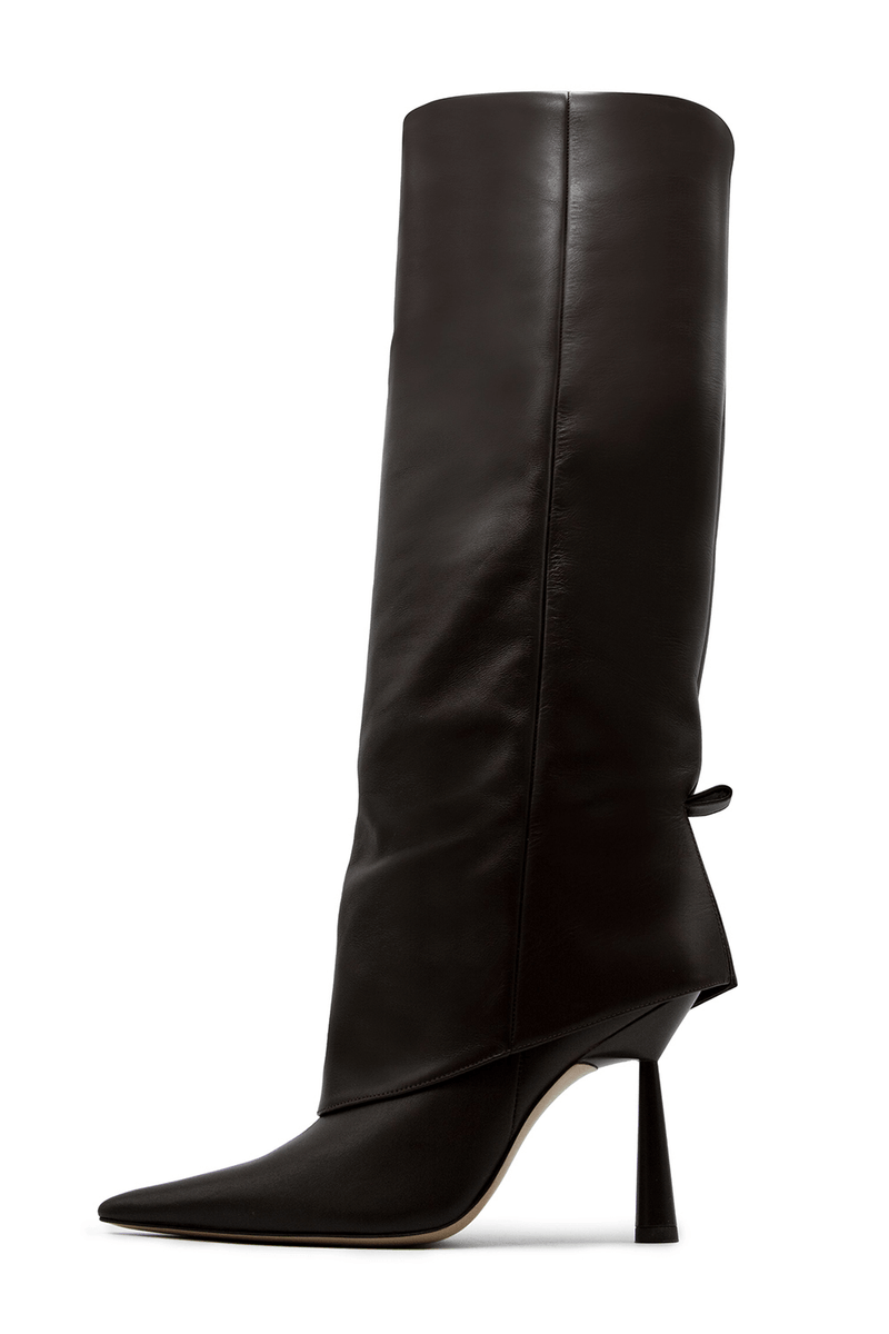 Faux Leather Folded Over Heeled Knee High Long Boots - Chocolate