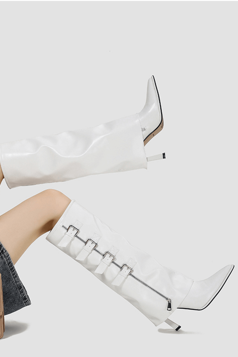 Buckle Detail Fold Over Knee-High High Heeled Boots - White
