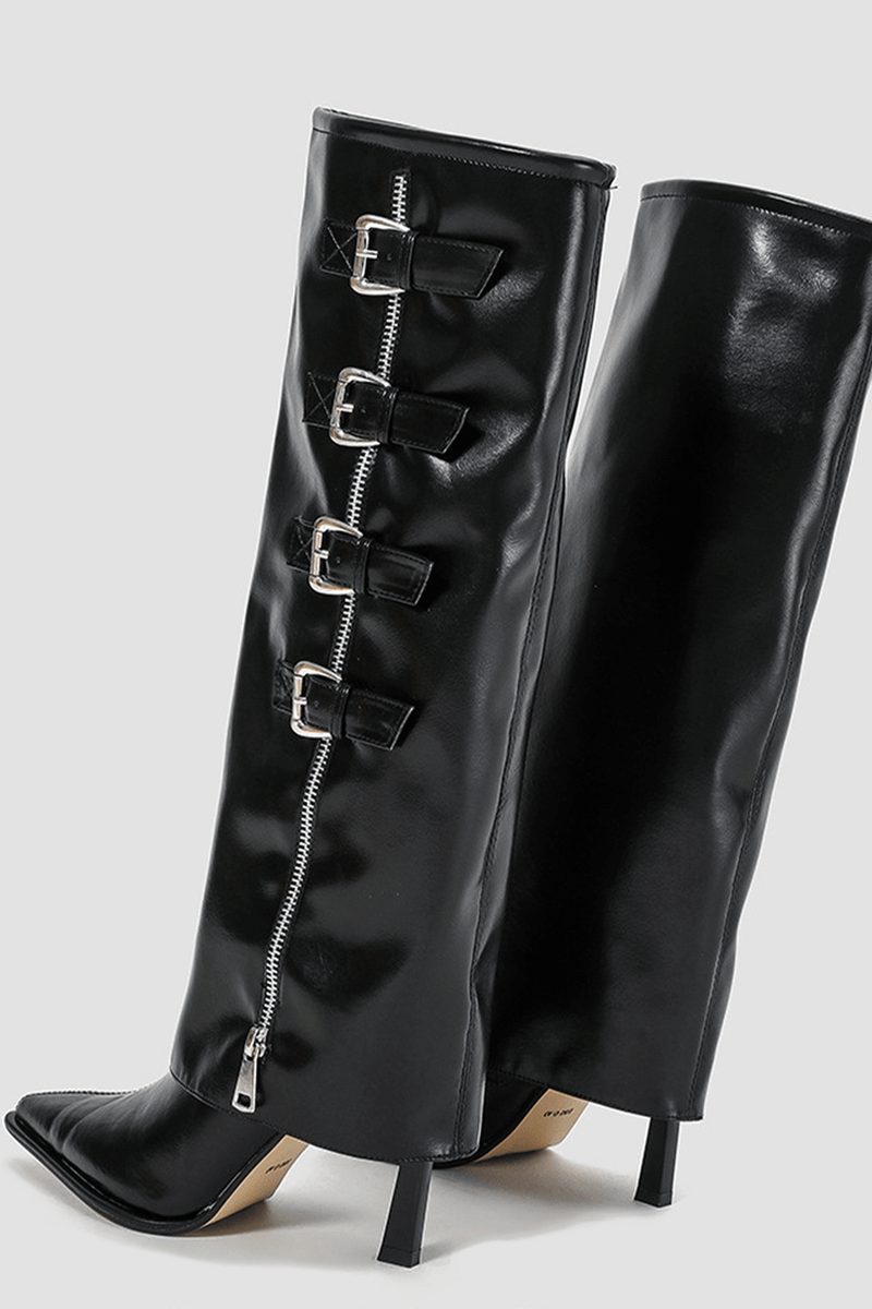 Buckle Detail Fold Over Knee-High High Heeled Boots - Black