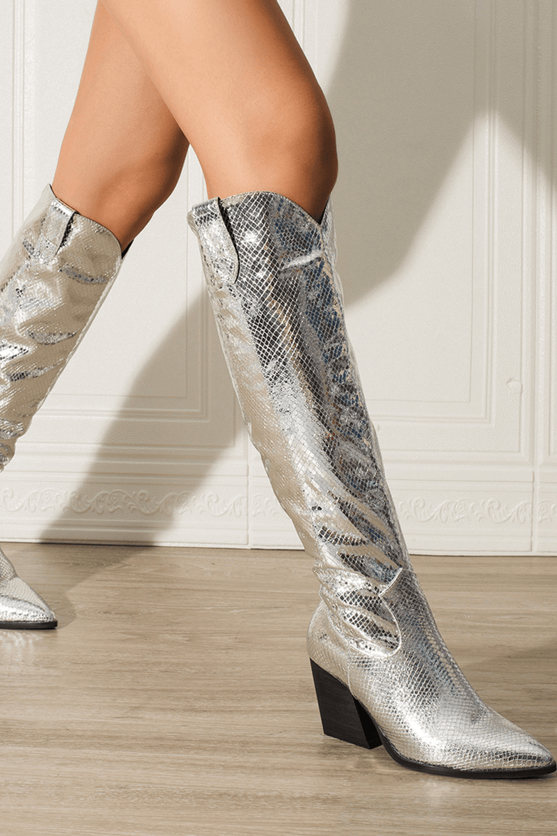 Metallic Python Western Cowgirl Pointed Toe Knee High Boot - Siver