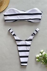 Rosette Bandeau High-Cut Scrunch Bikini Set - Black White Stripe