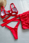 Rosette Cut Out Underwire Wrap Tie High Rise Bikini Set With Ruched Floral Mini Skirt - Red
