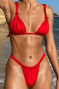 Triangle Ruched Halterneck Tie Side Bikini Set - Red