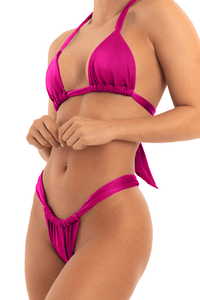 Triangle Ruched Halterneck Tie Side Bikini Set - Hot Pink