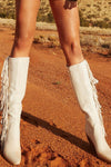 White Pointed Toe Knee-High Fringe Block Heeled Boots