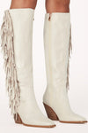 White Pointed Toe Knee-High Fringe Block Heeled Boots