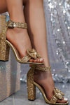 Glitter Bow Detail Statement High Block Heel - Gold