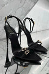 Faux Leather Crystal-Embellished Pointed Toe High Heeled Sandals - Black