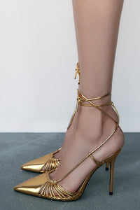 Metallic Gold Lace Up Pointed Toe Stiletto Heeled Sandals
