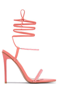 Pearl Strap Lace Up Pointed Toe High Stiletto Heels - Coral