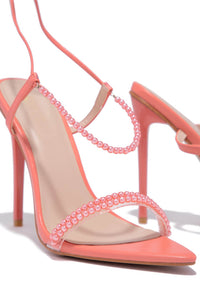 Pearl Strap Lace Up Pointed Toe High Stiletto Heels - Coral