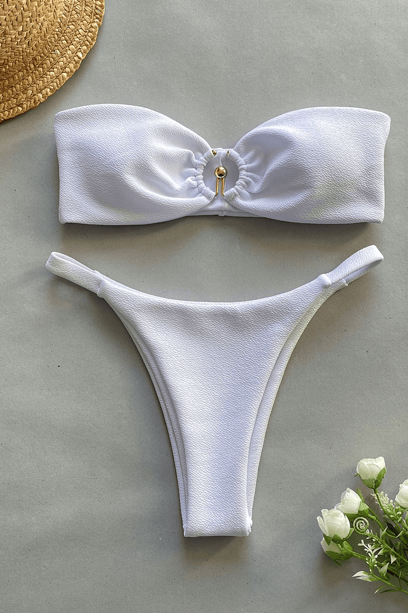 White Textured Ring Trim Bandeau Bikini Set