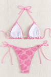 Floral Terry Towel Triangle Halterneck Tie Side Bikini Set - Pink