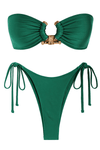 Metal Hammered Trim Bandeau Tie Side Bikini Set - Green