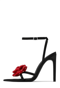 Rose Embellished Pointed Toe High Stiletto Heels - Black Red