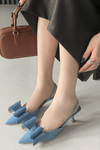 Double Bow Pointed Toe Slingback Pump - Denim