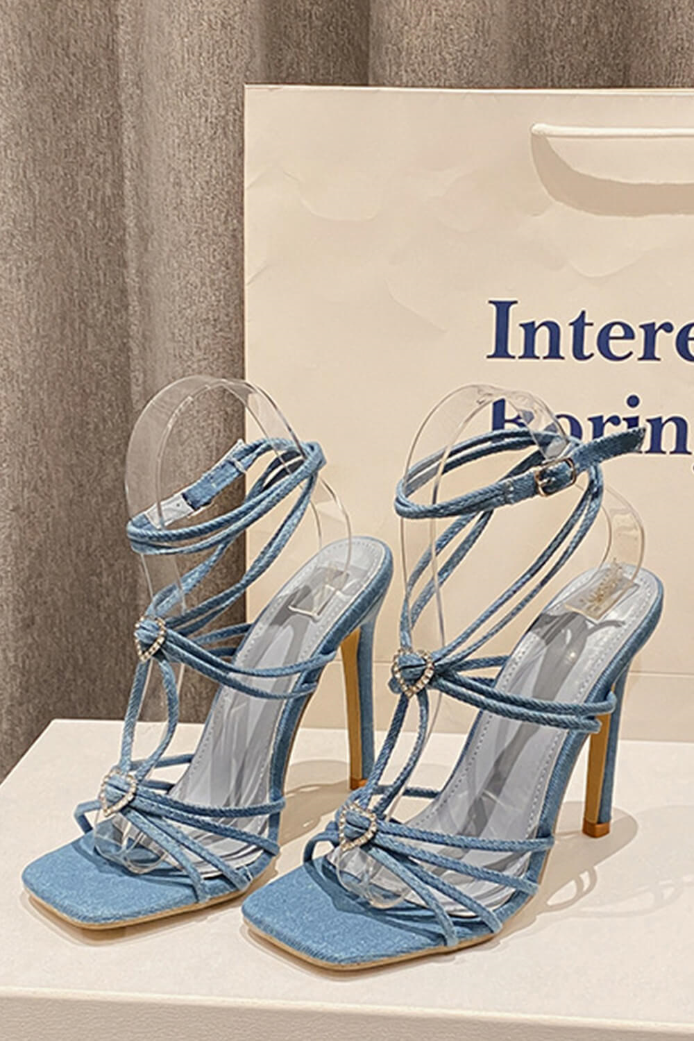 Heart Embellished Strappy Square Toe High Stiletto Heels - Denim