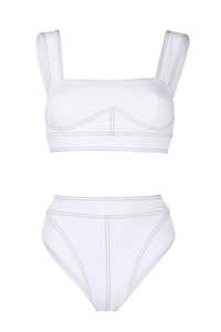 White Contrast Corset Lines Bikini Set