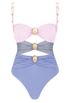 Multicolor Strapless Cut-Out One Piece Swimsuit With Gold Plated Details - Lilac & Blue