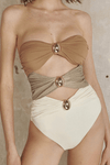 Multicolor Strapless Cut-Out One Piece Swimsuit With Gold Plated Details - Brown & Beige
