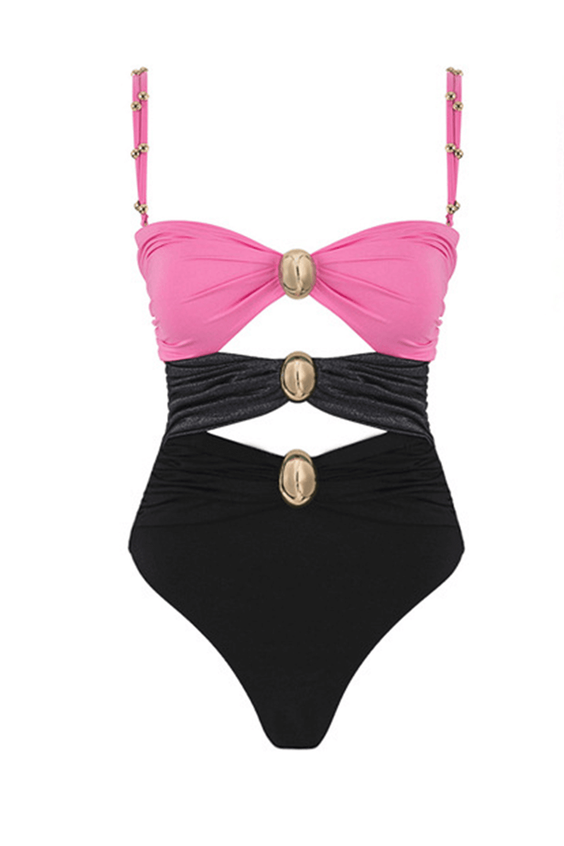 Multicolor Strapless Cut-Out One Piece Swimsuit With Gold Plated Details - Hot Pink & Black