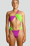 Striped Crinkle Asymmetrical Bandeau Bikini Set - Lilac & Lime