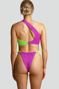 Striped Crinkle Asymmetrical Bandeau Bikini Set - Lilac & Lime