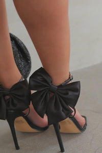Bow Embellished Faux Leather Open Square Toe Stiletto Heels - Black