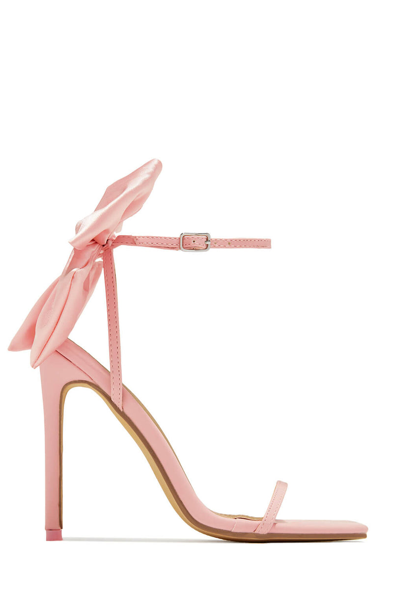 Bow Embellished Faux Leather Open Square Toe Stiletto Heels - Pink