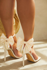 Bow Embellished Faux Leather Open Square Toe Stiletto Heels - White