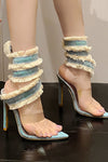 Blue Denim Frayed Clear Perspex Strap Pointed Toe Spiral Heeled Sandals