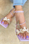 Butterfly Embellished Faux Leather Open Square Toe Clear Perspex Stiletto Heels - Lilac