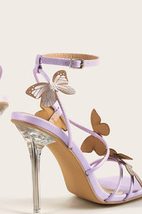 Butterfly Embellished Faux Leather Open Square Toe Clear Perspex Stiletto Heels - Lilac