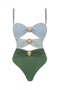 Multicolor Strapless Cut-Out One Piece Swimsuit With Gold Plated Details - Skyblue & Green