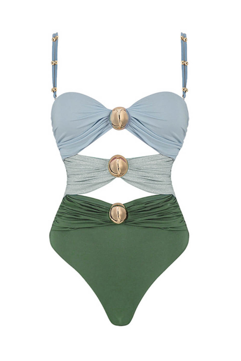 Multicolor Strapless Cut-Out One Piece Swimsuit With Gold Plated Details - Skyblue & Green