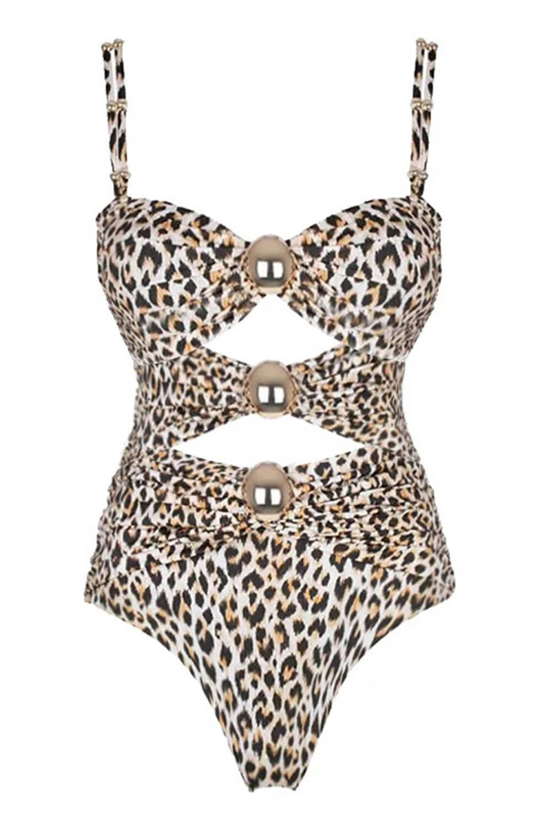 Leopard Print Strapless Cut-Out One Piece Swimsuit With Gold Plated Details - Skyblue & Green