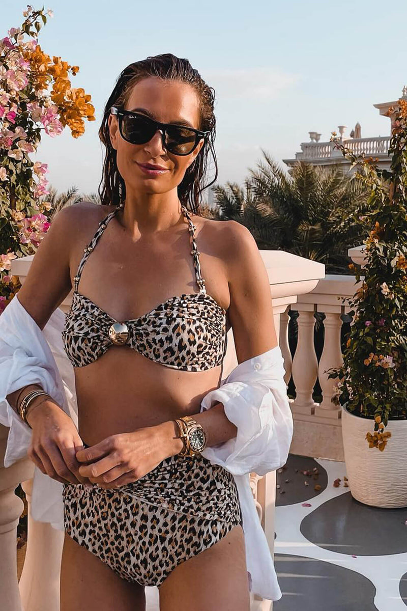 Bandeau Twist Front High Waisted Bikini Set With Gold Plated Details - Leopard Print