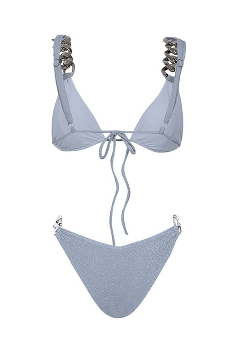 Shimmer Triangle Silver Chain High-Cut Bikini Set - Light Blue