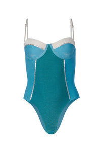 Blue Shimmer Color Block Underwire One Piece Swimsuit
