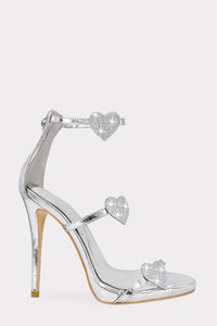 Faux Leather Diamante Heart Detail Pointed Toe Stiletto Heel - Silver