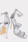 Faux Leather Diamante Heart Detail Pointed Toe Stiletto Heel - Silver