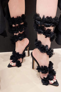 Faux Patent Leather Floral Open Almond Toe Stiletto Sandal - Black